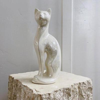 Vintage Art Deco Ivory Pearlescent Iridescent Ceramic Cat Sculpture Figurine