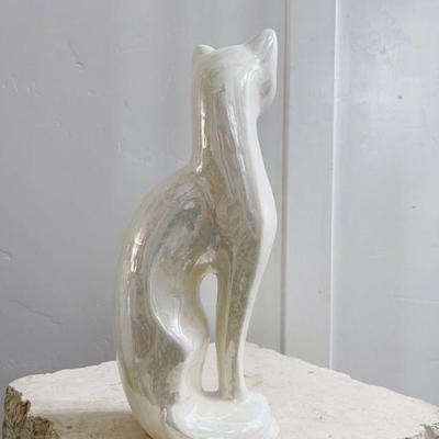 Vintage Art Deco Ivory Pearlescent Iridescent Ceramic Cat Sculpture Figurine