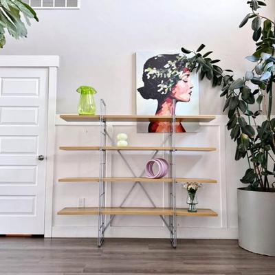 Circa 2002 Discontinued Chrome & Natural Wood Enetri “Moment Bookcase” 1980’s Repro by Niels Gammelgaard for Ikea• Sweden