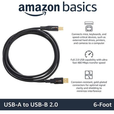 Amazon Basics USB-A to USB-B 2.0 Cable with 480 Mbps Transfer Speed for Printer or External Hard Drive, Gold-Plated Connectors, 6 Foot,...