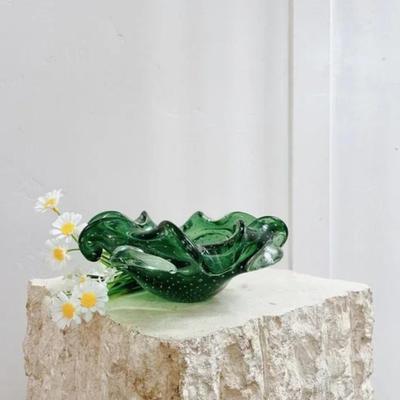 Vintage 1960’s Green Art Glass Bowl Catch All Dish Bullicante Controlled Bubbles