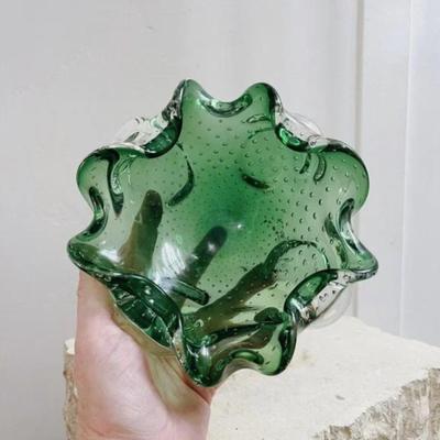 Vintage 1960’s Green Art Glass Bowl Catch All Dish Bullicante Controlled Bubbles