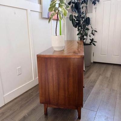 Vintage Mid Century 6-Drawer Walnut Predicta Dresser Credenza w/Sculptural Wood Pulls & Sculptural Tapered Legs by Kent Coffey
