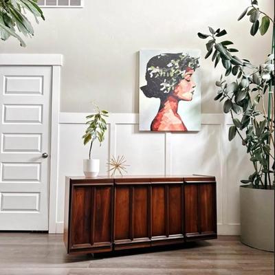 Vintage Mid Century 4-Door Walnut Buffet Credenza Low Dresser w/Adjustable Shelving & Silverware Tray w/Sculptural Facade &...