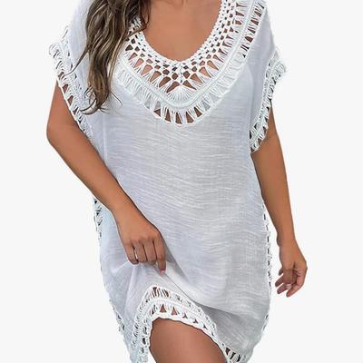 Women's White Swim Cover Up Dress w/Macrame Detail - Women's Beachwear, Vacation Dress Relaxed Flowy Fit Summer Dress