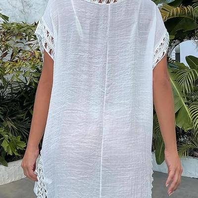 Women's White Swim Cover Up Dress w/Macrame Detail - Women's Beachwear, Vacation Dress Relaxed Flowy Fit Summer Dress