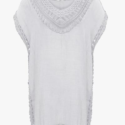 Women's White Swim Cover Up Dress w/Macrame Detail - Women's Beachwear, Vacation Dress Relaxed Flowy Fit Summer Dress