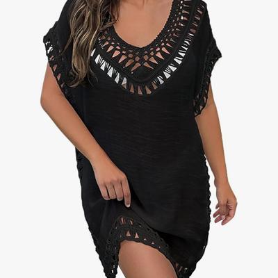 Women's Black Swim Cover Up Dress w/Macrame Detail - Women's Beachwear, Vacation Dress Relaxed Flowy Fit Summer Dress