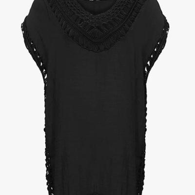 Women's Black Swim Cover Up Dress w/Macrame Detail - Women's Beachwear, Vacation Dress Relaxed Flowy Fit Summer Dress