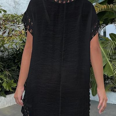 Women's Black Swim Cover Up Dress w/Macrame Detail - Women's Beachwear, Vacation Dress Relaxed Flowy Fit Summer Dress