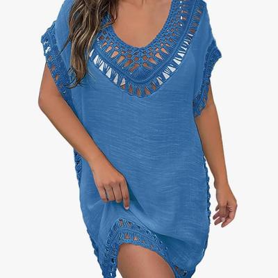 Women's Blue Swim Cover Up Dress w/Macrame Detail - Women's Beachwear, Vacation Dress Relaxed Flowy Fit Summer Dress
