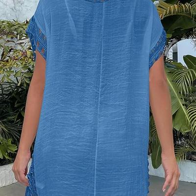 Women's Blue Swim Cover Up Dress w/Macrame Detail - Women's Beachwear, Vacation Dress Relaxed Flowy Fit Summer Dress