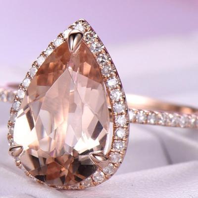 Peach Morganite Pear Cut Halo Ring