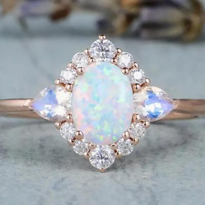 Oval Cut Opal & Moonstone halo Rose Gold Ring