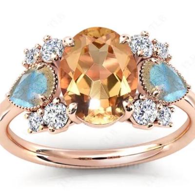 Oval Cut Citrine Ring with Labradorite Accent Stones & Moissanite