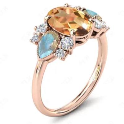 Oval Cut Citrine Ring with Labradorite Accent Stones & Moissanite
