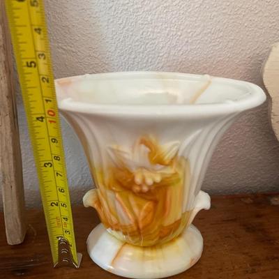 Wood swan, 2 coin banks, small wash board and vase