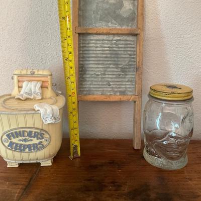 Wood swan, 2 coin banks, small wash board and vase