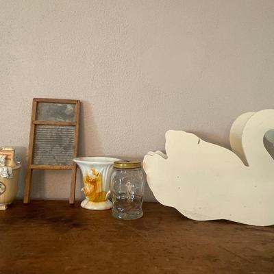 Wood swan, 2 coin banks, small wash board and vase