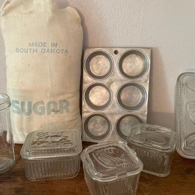 Sugar bag, muffin tin and clear glass fridge boxes