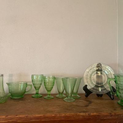Uranium glass pitcher, glasses & S&P