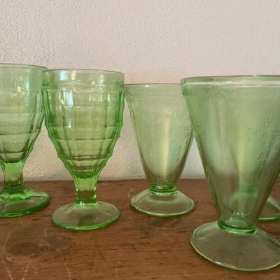 Uranium glass pitcher, glasses & S&P