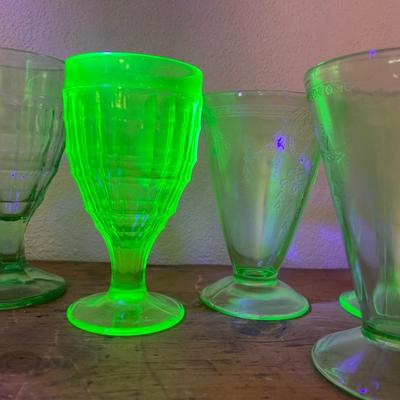 Uranium glass pitcher, glasses & S&P