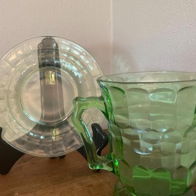 Uranium glass pitcher, glasses & S&P