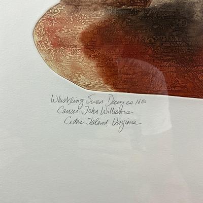 Sale Photo Thumbnail #208: etching  of a decoy carved by John Williams, Cedar Island, VA
Limited Edition #136/350
matted in a wooden frame
Condition to age is very good 
Artwork measures 22" x 30"
Framed artwork measures: 35" width, 25" height