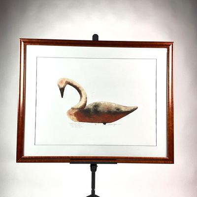Sale Photo Thumbnail #206: etching  of a decoy carved by John Williams, Cedar Island, VA
Limited Edition #136/350
matted in a wooden frame
Condition to age is very good 
Artwork measures 22" x 30"
Framed artwork measures: 35" width, 25" height
