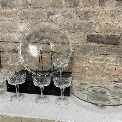 Sale Photo Thumbnail #195: Pretty etched Lariat platter, cake stand and 7 pretty champagnes
