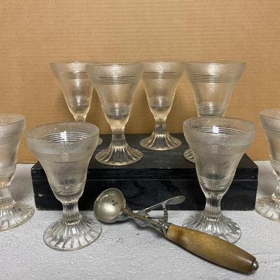 Sale Photo Thumbnail #206: Set of 8 1940’s soda fountain sundaes and antique wood handled ice cream scoop