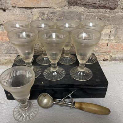 Sale Photo Thumbnail #204: Set of 8 1940’s soda fountain sundaes and antique wood handled ice cream scoop