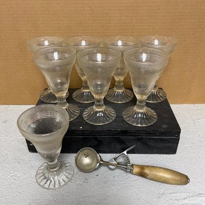 Sale Photo Thumbnail #205: Set of 8 1940’s soda fountain sundaes and antique wood handled ice cream scoop