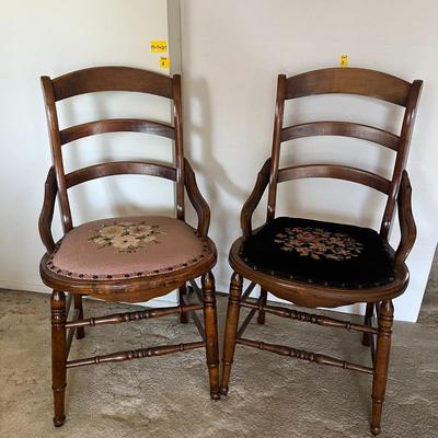 2 Vintage Victorian Chairs, Maple Oak, Velveteen Chairs ( 3 more in lot 40 , they are slightly shorter at 32 inches tall)