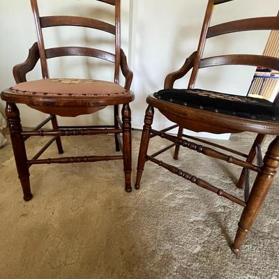 2 Vintage Victorian Chairs, Maple Oak, Velveteen Chairs ( 3 more in lot 40 , they are slightly shorter at 32 inches tall)