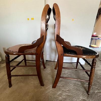 2 Vintage Victorian Chairs, Maple Oak, Velveteen Chairs ( 3 more in lot 40 , they are slightly shorter at 32 inches tall)