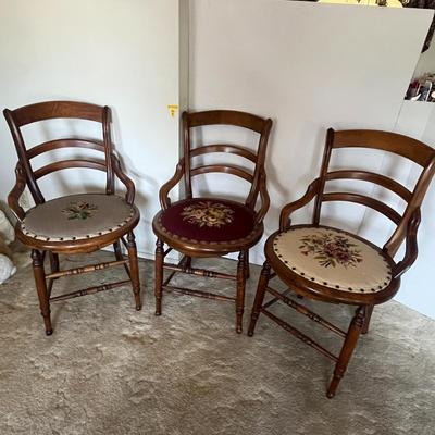3 Vintage Victorian Velveteen Chairs Maple Oak, ( there are 2 more in lot 36, they are slightly taller at 33.5 inches)