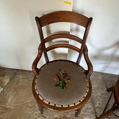3 Vintage Victorian Velveteen Chairs Maple Oak, ( there are 2 more in lot 36, they are slightly taller at 33.5 inches)