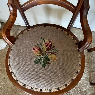 3 Vintage Victorian Velveteen Chairs Maple Oak, ( there are 2 more in lot 36, they are slightly taller at 33.5 inches)