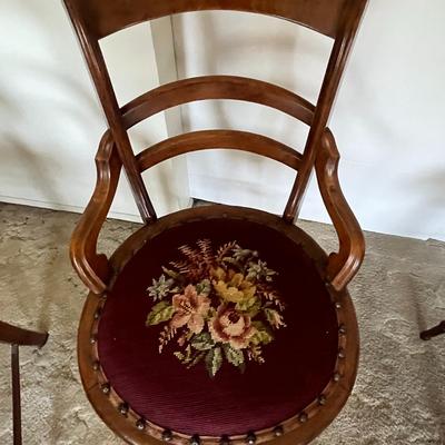 3 Vintage Victorian Velveteen Chairs Maple Oak, ( there are 2 more in lot 36, they are slightly taller at 33.5 inches)