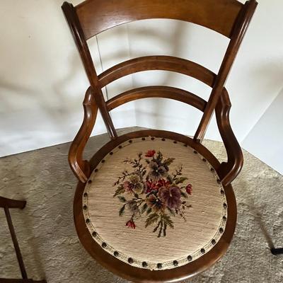 3 Vintage Victorian Velveteen Chairs Maple Oak, ( there are 2 more in lot 36, they are slightly taller at 33.5 inches)