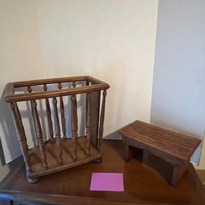 Vintage MCM Wood Magazine Holder and Small Stool