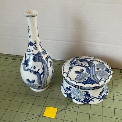 Vintage Blue & White Trinket Box & vase, hand painted