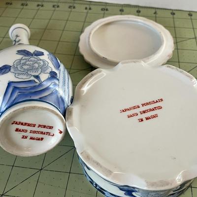 Vintage Blue & White Trinket Box & vase, hand painted