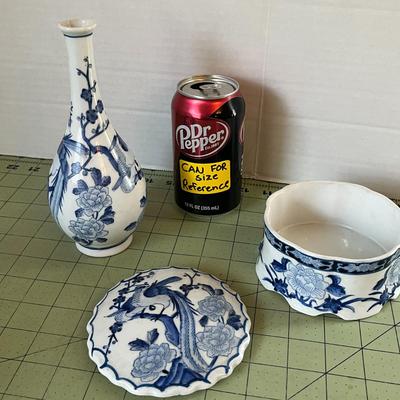 Vintage Blue & White Trinket Box & vase, hand painted