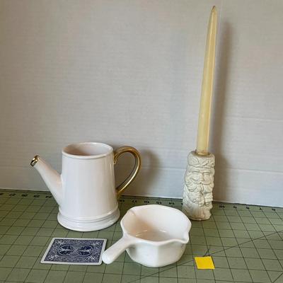 Ceramic Watering Can, serving cup and candle stick