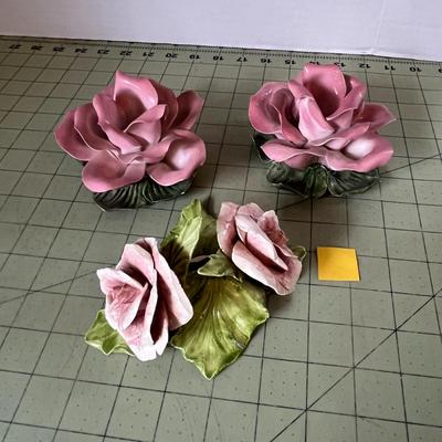 Pink Porcelain Rose Figurine Trio