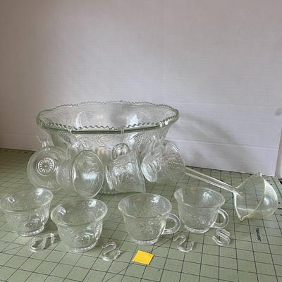 Vintage Glass Punch Bowl Set with Cups & Ladle