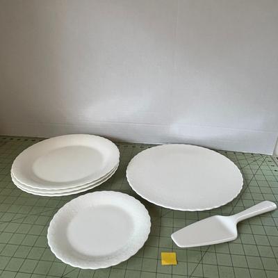 White Embossed Dinner & Dessert Plate Set with Server